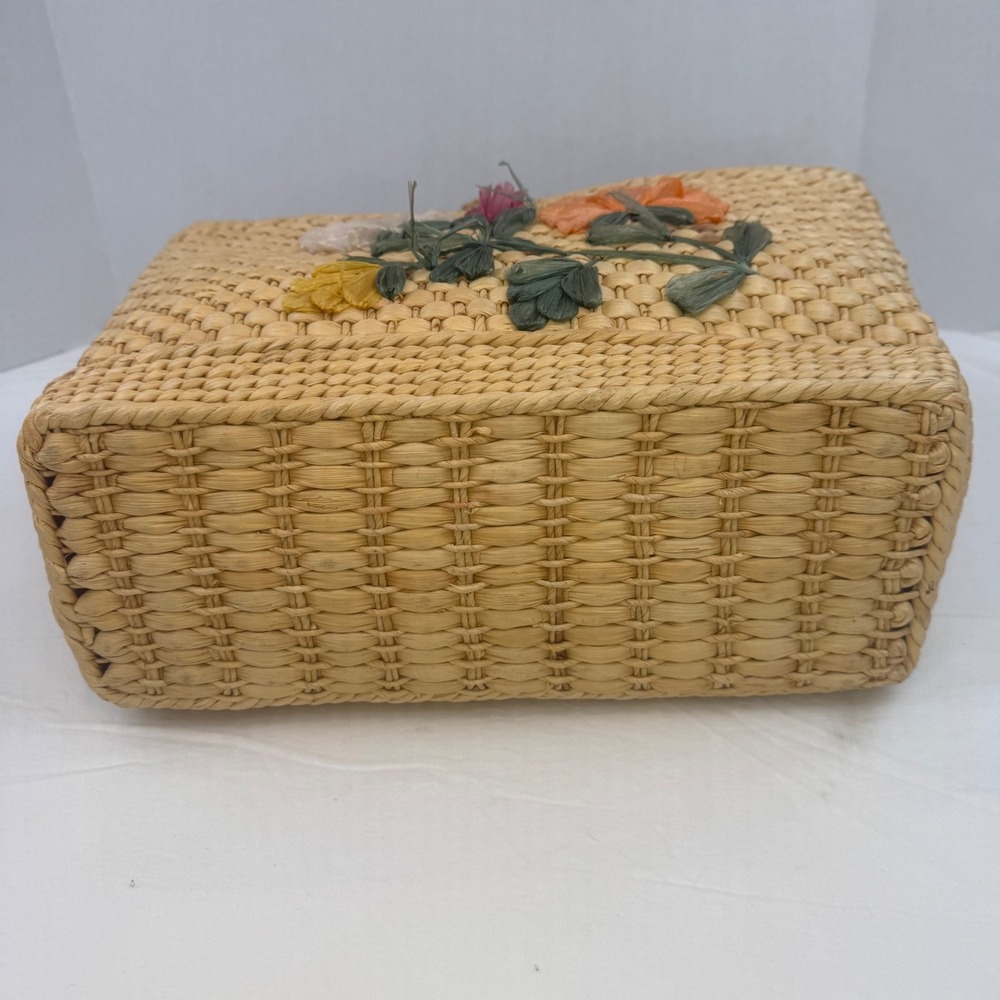 Vintage Woven Straw Tote Bag Raffia Floral Embroidery Boho Basket Beach Bag Tan - Picture 12 of 14